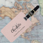 Rose gold pink leather monogram name luggage tag<br><div class="desc">Rose gold,  blush pink coloured faux leather print as background. Personalize and add your first name,  monogram letters and full name on the front. Your contact information on the back.  Black and grey text.</div>