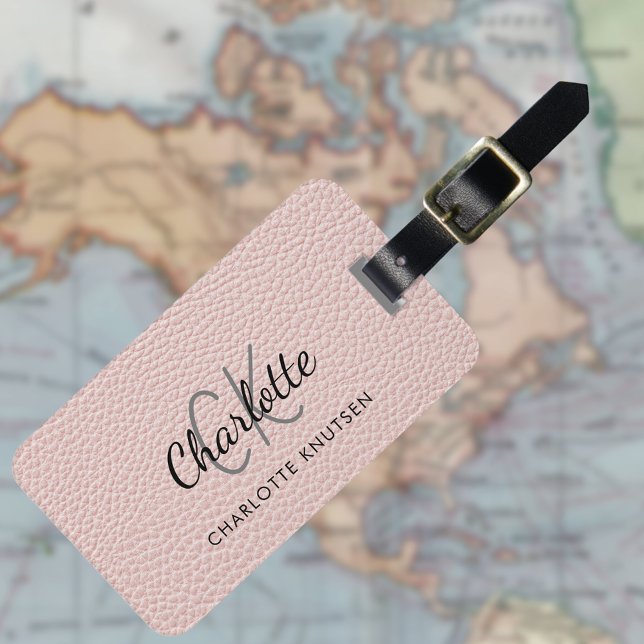 Rose gold pink leather monogram name luggage tag (Creator Uploaded)