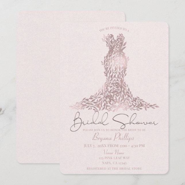 Rose Gold Pink Leaves Glam Dress Bridal Shower Invitation (Front/Back)