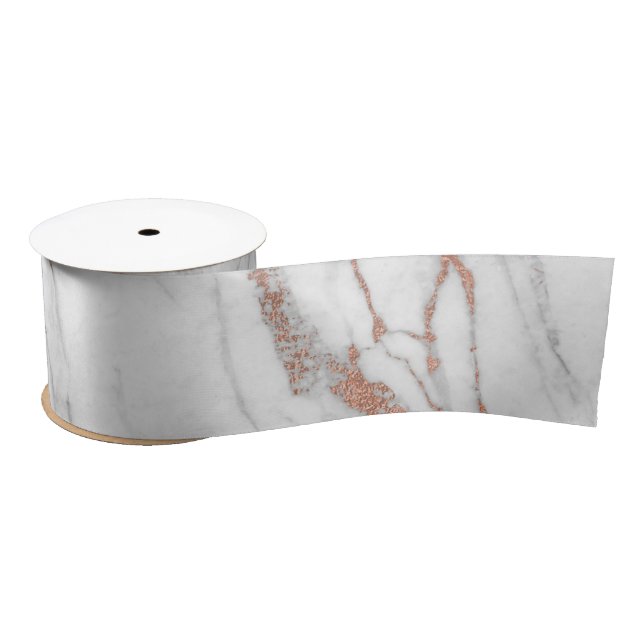 Rose Gold Pink Marble Carrara White Abstract White Satin Ribbon (Spool)