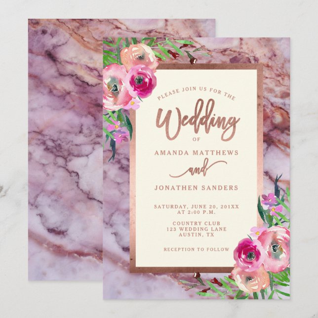 Rose Gold Pink Marble Floral Wedding Invitation (Front/Back)
