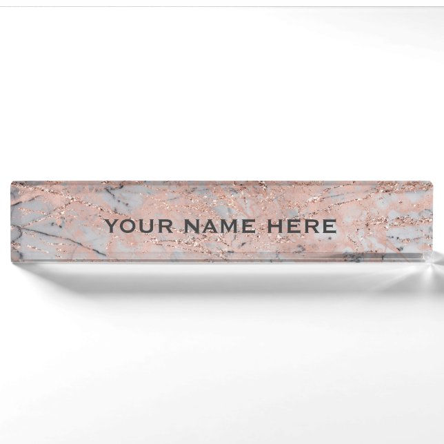 Rose Gold Pink Marble Glitter Glam Personalized Nameplate (Front)