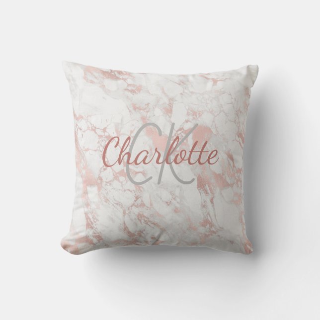 Rose gold pink marble monogram name elegant outdoor pillow (Front)