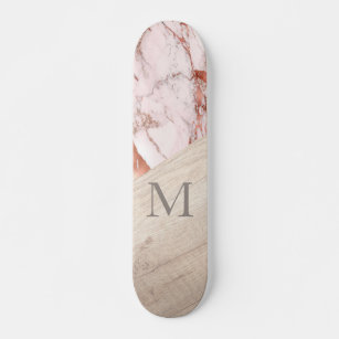 Rose Gold Pink Marble Wood Girly Chic Monogram  Skateboard
