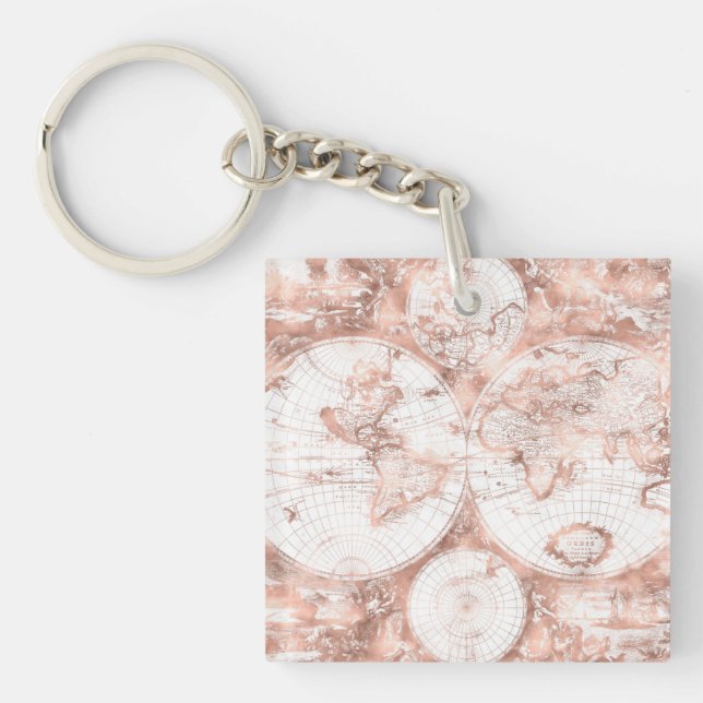 Rose Gold Pink Metal Glitter Antique World Map Keychain (Front)