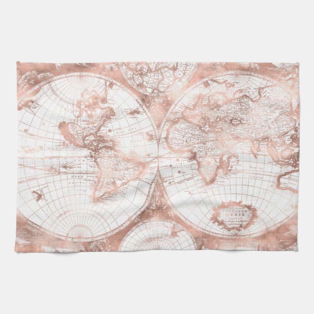 Rose Gold Pink Metal Glitter Antique World Map Kitchen Towel (Horizontal)