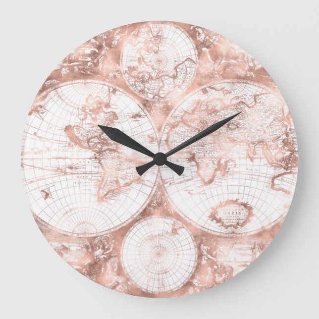 Rose Gold Pink Metal Glitter Antique World Map Large Clock (Front)