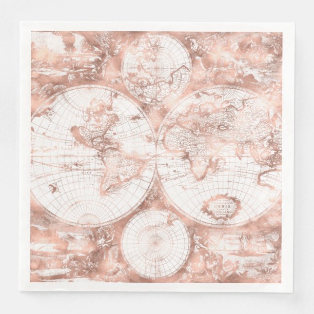 Rose Gold Pink Metal Glitter Antique World Map Napkin (Front)