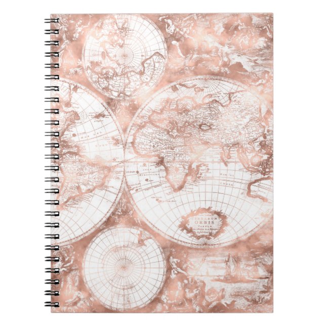 Rose Gold Pink Metal Glitter Antique World Map Notebook (Front)