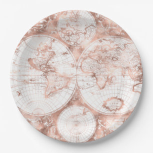 Rose Gold Pink Metal Glitter Antique World Map Paper Plate