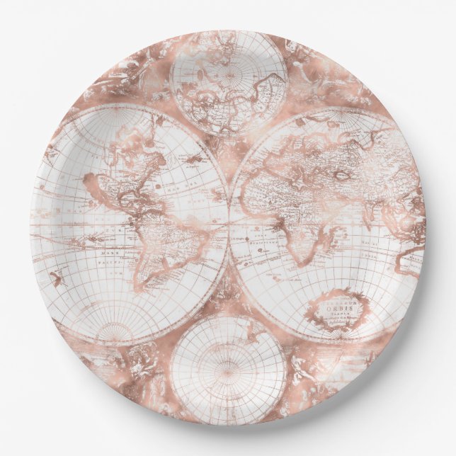 Rose Gold Pink Metal Glitter Antique World Map Paper Plate (Front)
