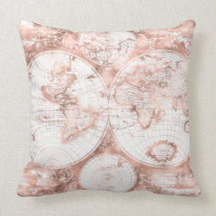 Rose Gold Pink Metal Glitter Antique World Map Throw Pillow