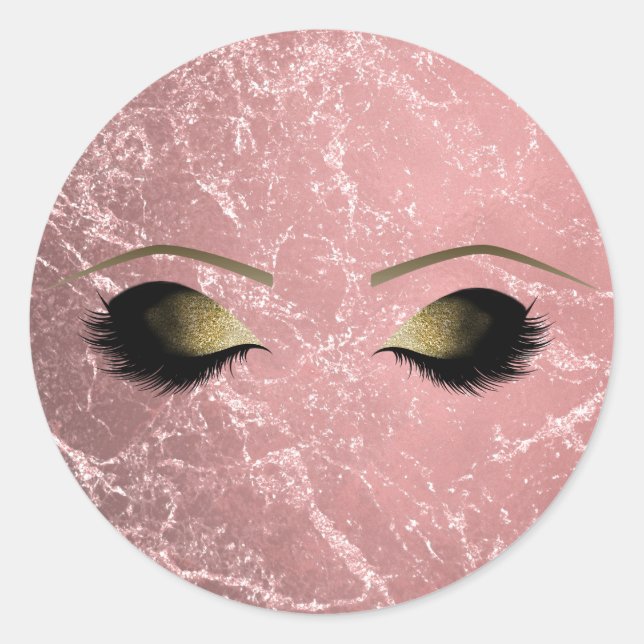 Rose Gold Pink Modern Glam Marble & Makeup Eyes Classic Round Sticker (Front)