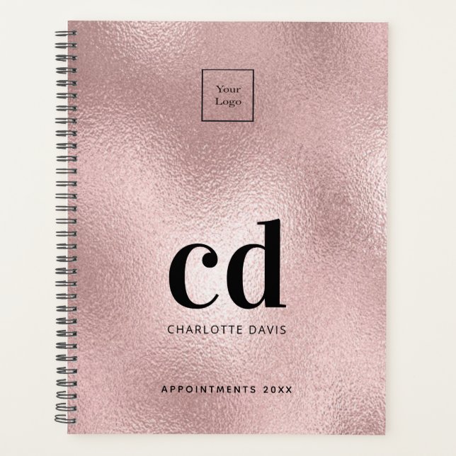 Rose gold pink monogram initial business logo planner (Front)