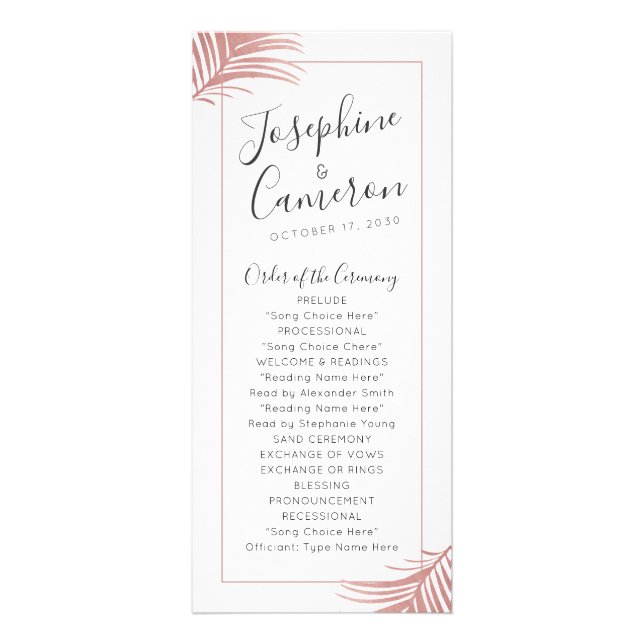 Rose Gold Pink Palm Leaves Beach Wedding Program (Front)
