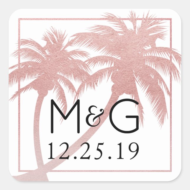 Rose Gold Pink Palm Tree Wedding Favour Square Sticker (Front)