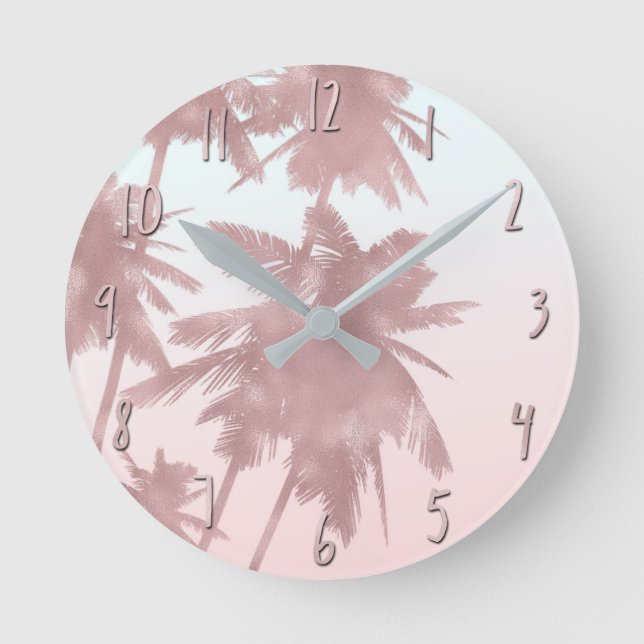 Rose Gold Pink Palms Beach Ombre Palm Trees Chic Round Clock (Front)
