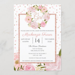 Rose Gold Pink Peony Girls Baby Shower Invitation