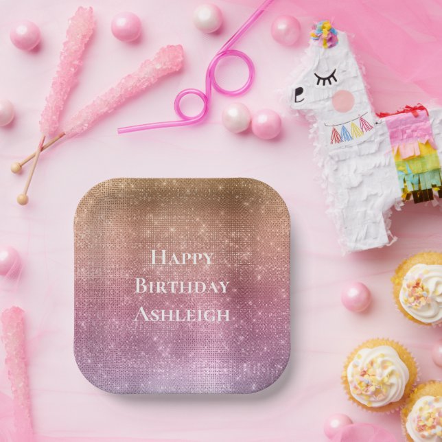Rose Gold Pink Purple Sparkle Birthday Paper Plate (Party)