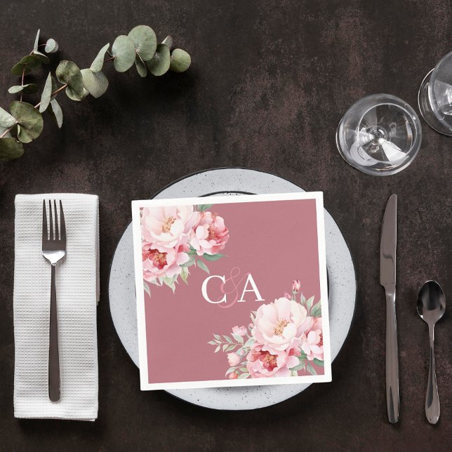 Rose gold pink roses florals monogram wedding napkin (Creator Uploaded)