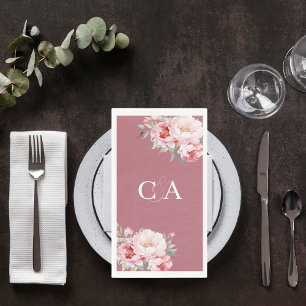 Rose gold pink roses florals monogram wedding napkin