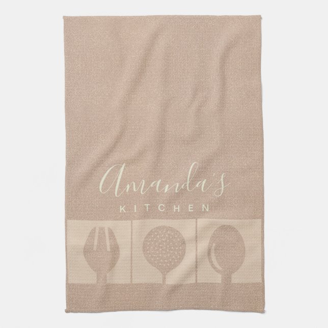 ROSE GOLD PINK SHIMMER SPOON FORK SKIMMER CHEF KITCHEN TOWEL (Vertical)