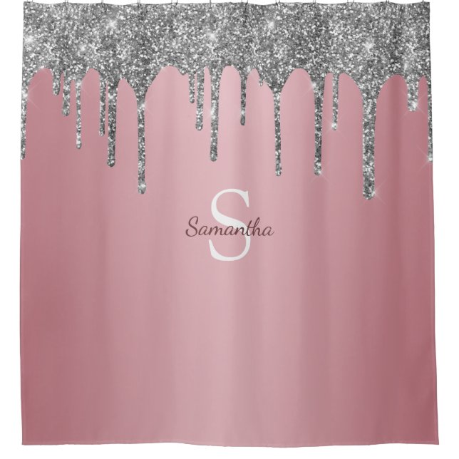 Rose Gold Pink Silver Glitter Drips Monogram Name (Front)