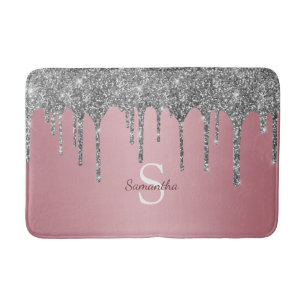 Rose Gold Pink Silver Glitter Drips Monogram Name Bath Mat