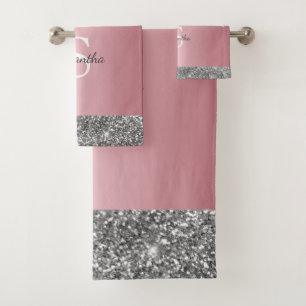 Rose Gold Pink Silver Glitter Drips Monogram Name Bath Towel Set