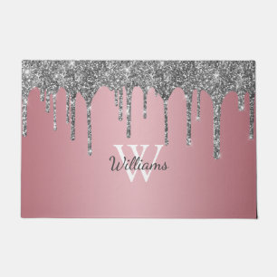 Rose Gold Pink Silver Glitter Drips Monogram Name Doormat