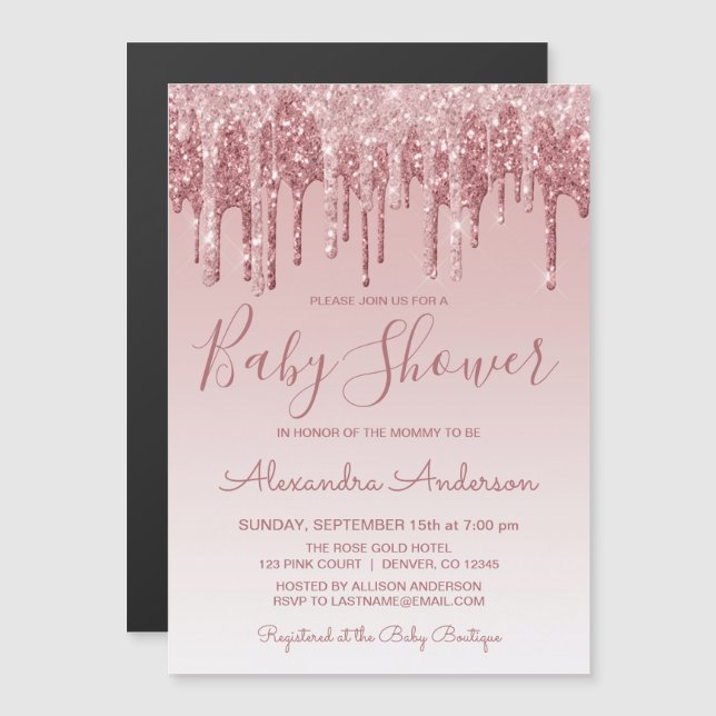 Rose Gold | Pink Sparkle Glitter Baby Shower Magnetic Invitation (Front/Back)