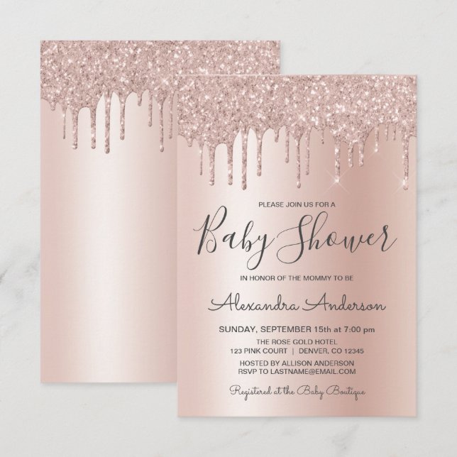 Rose Gold | Pink Sparkle Glitter Foil Baby Shower Invitation (Front/Back)