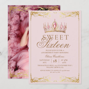  Rose Gold & Pink Sweet 16 Crown Birthday Photo Invitation