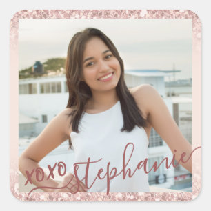 Rose Gold Pink Thank You Party Favour Photo Square Sticker