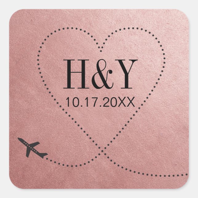 Rose Gold Pink Travel Wedding Airplane Monogram Square Sticker (Front)