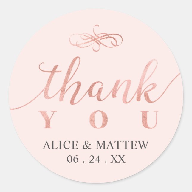 Rose Gold & Pink |  Wedding Thank you, Favour Classic Round Sticker (Front)