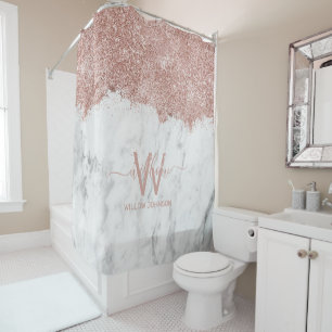 Rose Gold Pink White Marble Glitter Dust Monogram