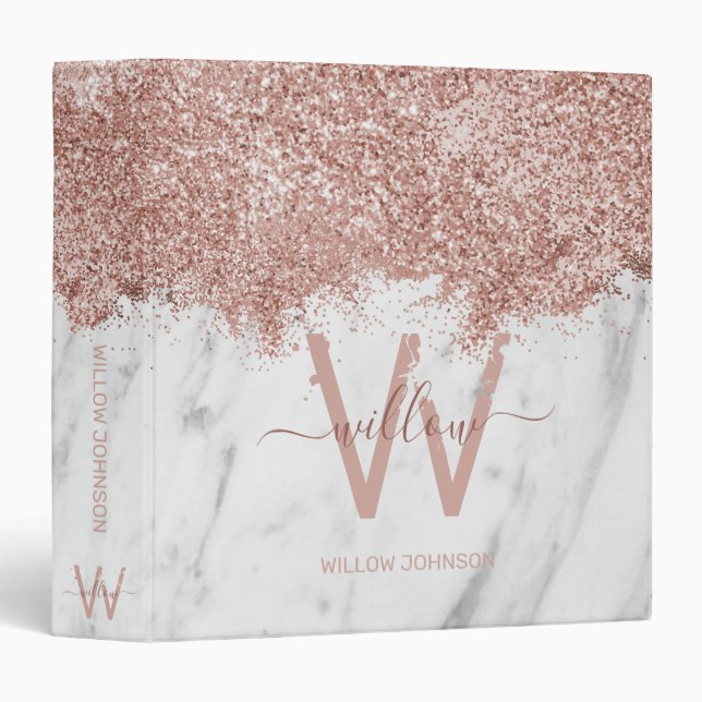 Rose Gold Pink White Marble Glitter Dust Monogram Binder (Front/Spine)