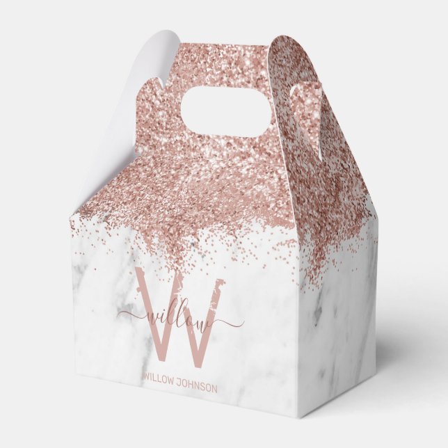 Rose Gold Pink White Marble Glitter Dust Monogram Favor Box (Front Side)