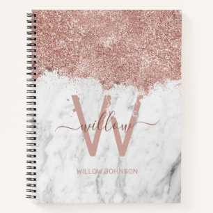 Rose Gold Pink White Marble Glitter Dust Monogram Notebook