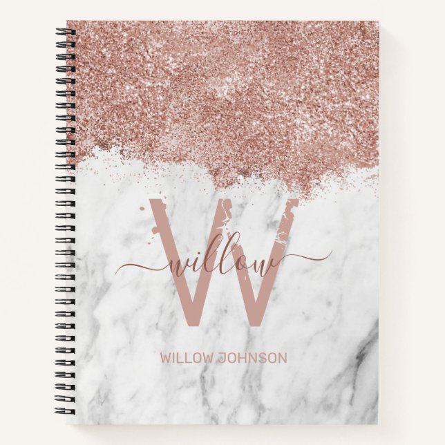 Rose Gold Pink White Marble Glitter Dust Monogram Notebook (Front)