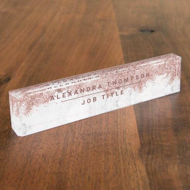 Rose Gold Pink White Marble Glitter Dust  Nameplate (Side)