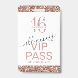Rose Gold Pink White Sweet 16 Invitation VIP Badge