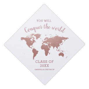 Rose Gold Pink World Map Inspirational Graduation Cap Topper