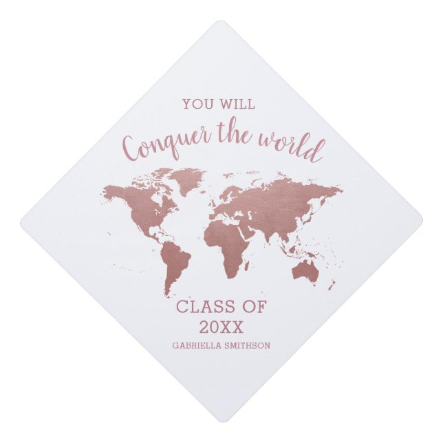 Rose Gold Pink World Map Inspirational Graduation Cap Topper (Front)