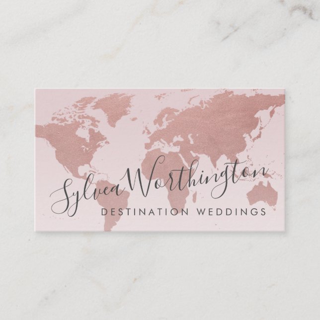 Rose Gold Pink World Map Travel Business Card (Front)