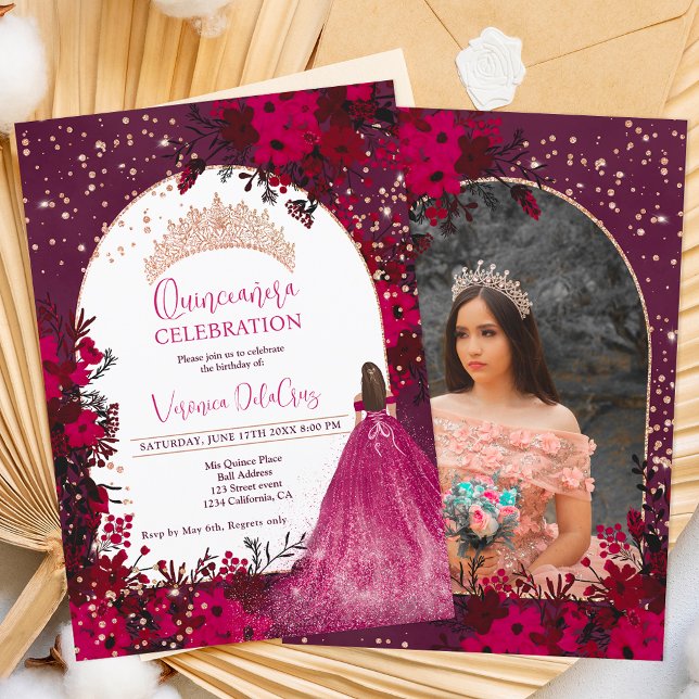 Rose gold plum floral tiara princess Quinceanera Invitation (Creator Uploaded)