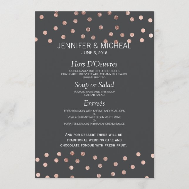 Rose Gold Pois Charcoal Black Mariage Menu (Devant)