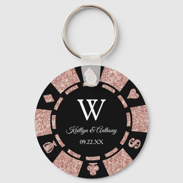 Rose Gold Poker Chip Casino Wedding Party Favour Keychain (Front)