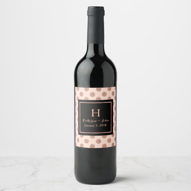 Rose Gold Polka Dot Monogrammed Wedding Wine Label (Front)